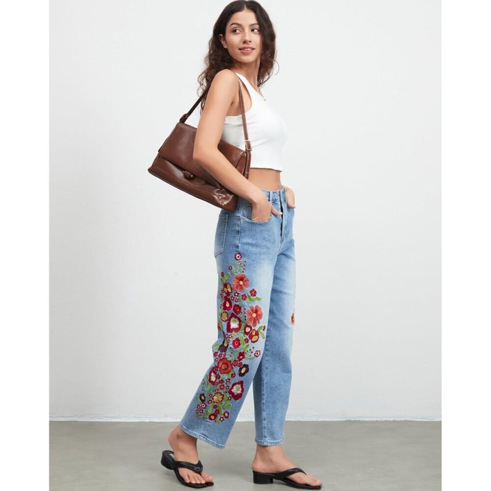 Women’s Cropped Denim Jeans Floral Print Mid Rise Straight Leg Casual - Picture 7 of 7
